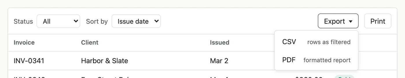 The report toolbar with the Export menu open beside Print: CSV, rows as filtered; PDF, formatted report.