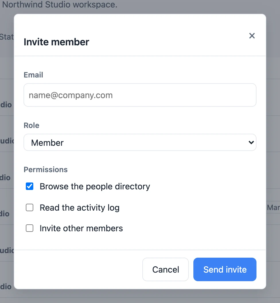 The Invite member dialog: an email field, a role select, three permission checkboxes, Cancel and a blue Send invite.